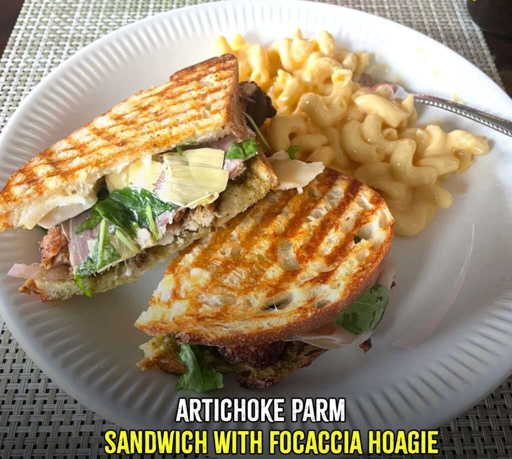 artichoke parm sandwich with foccacia hoagie