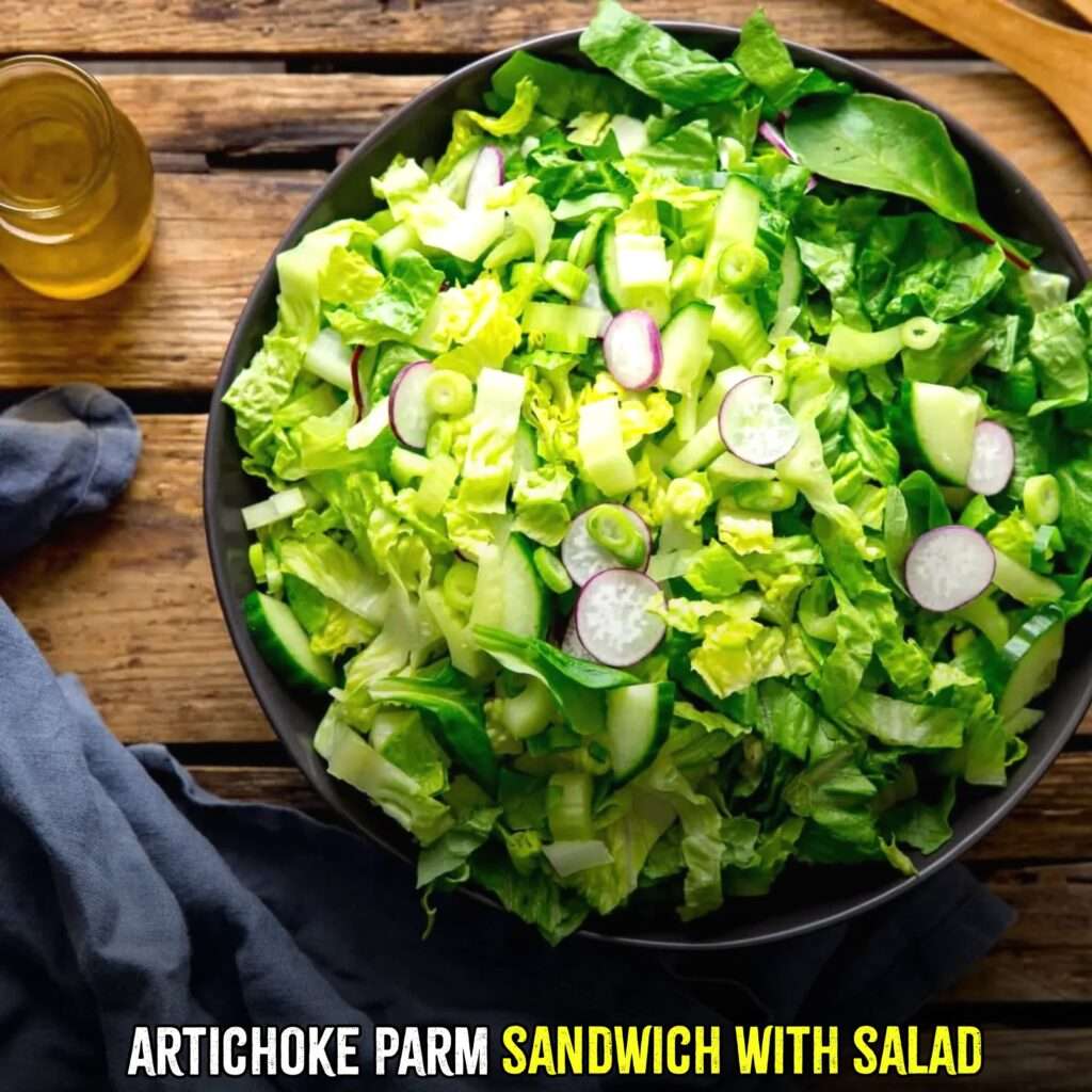 artichoke parm sandwich with salad