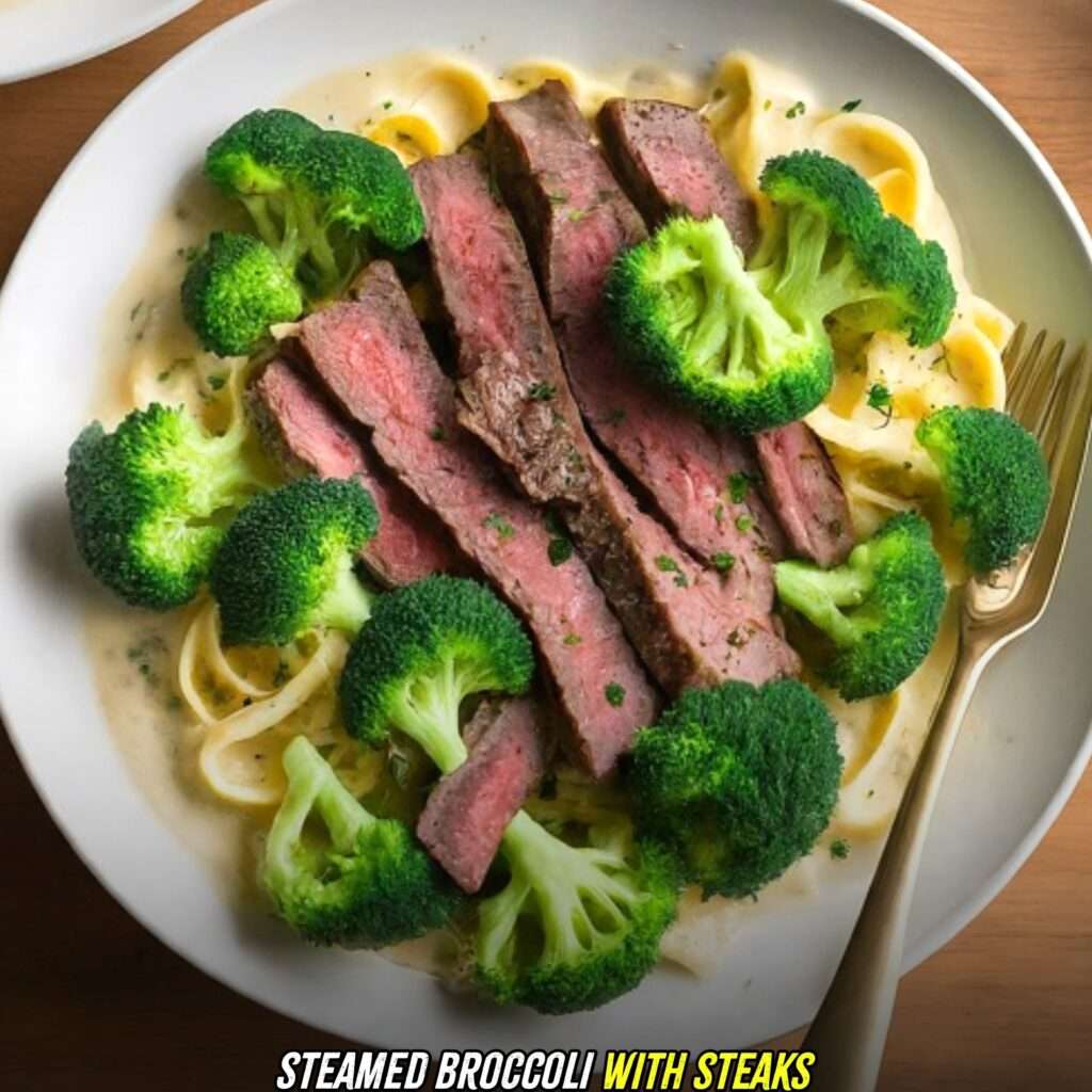 steamed broccoli with steak alfredo