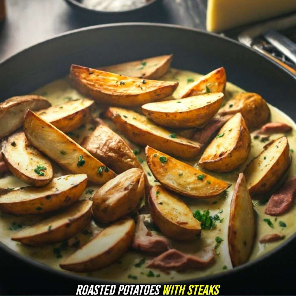 Roasted potatoes with steak alfredo