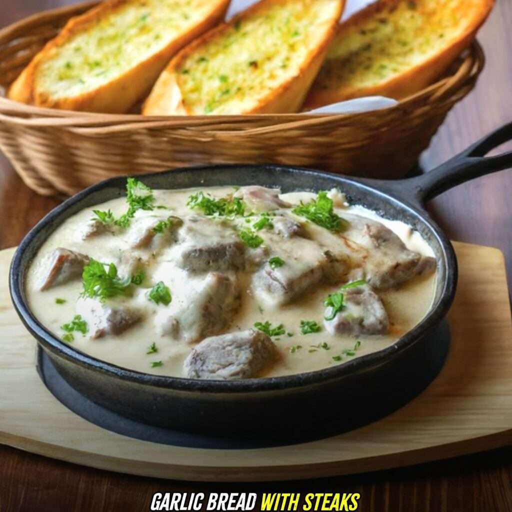 Garlic bread with steak alfredo