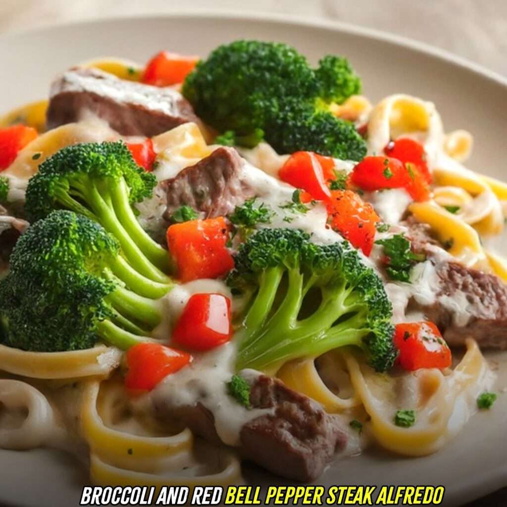 Broccoli and Bell Pepper Steak Alfredo