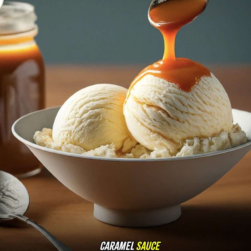 Vanilla Bean Ice Cream with caramel sauce 