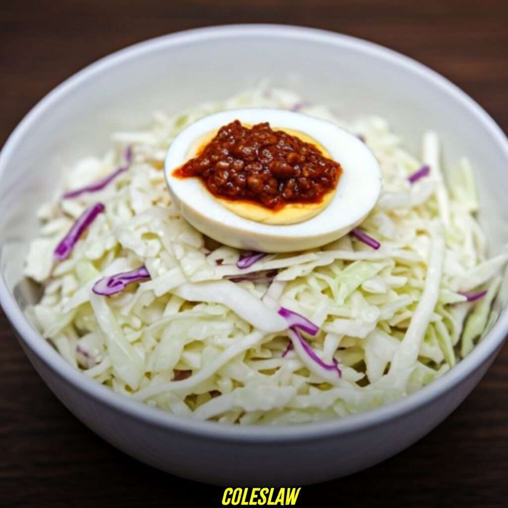 Coleslaw with spicy pickled eggs