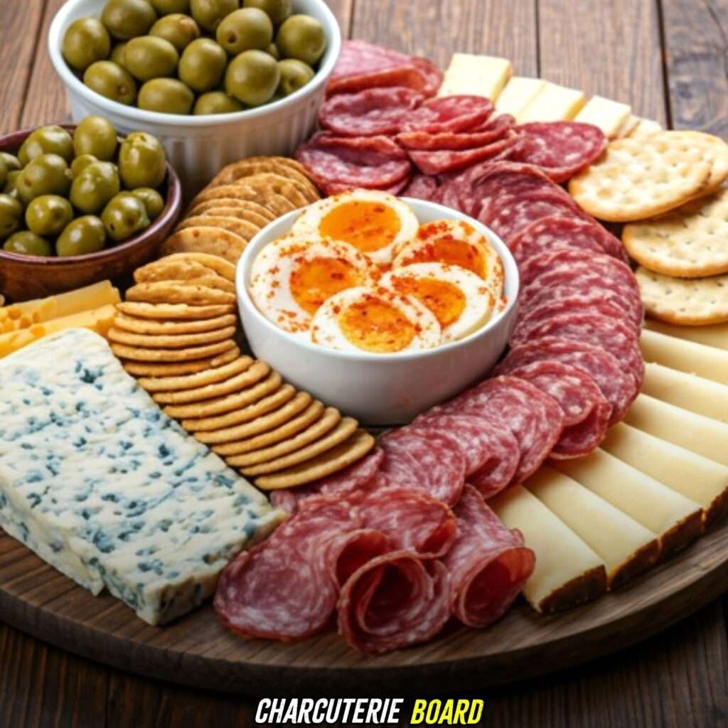 Charcuterie Board with spicy pickled eggs