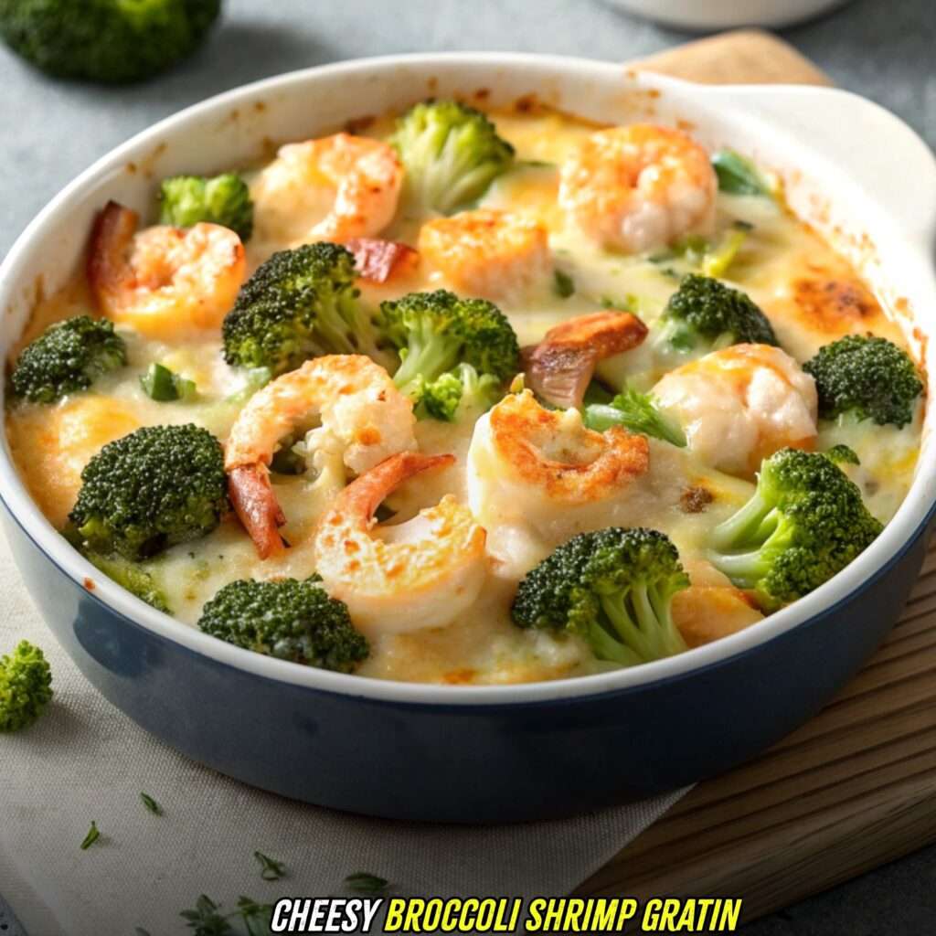 Cheesy Broccoli Shrimp Gratin