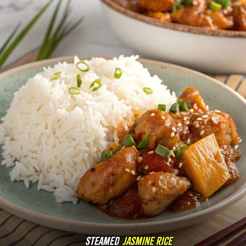 Steamed Jasmine Rice with Sweet Hawaiian Crockpot Chicken