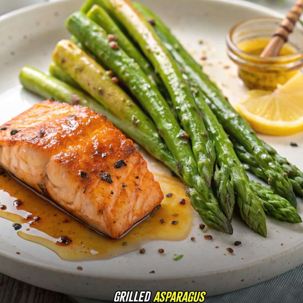 Grilled Asparagus with honey pineapple salmon