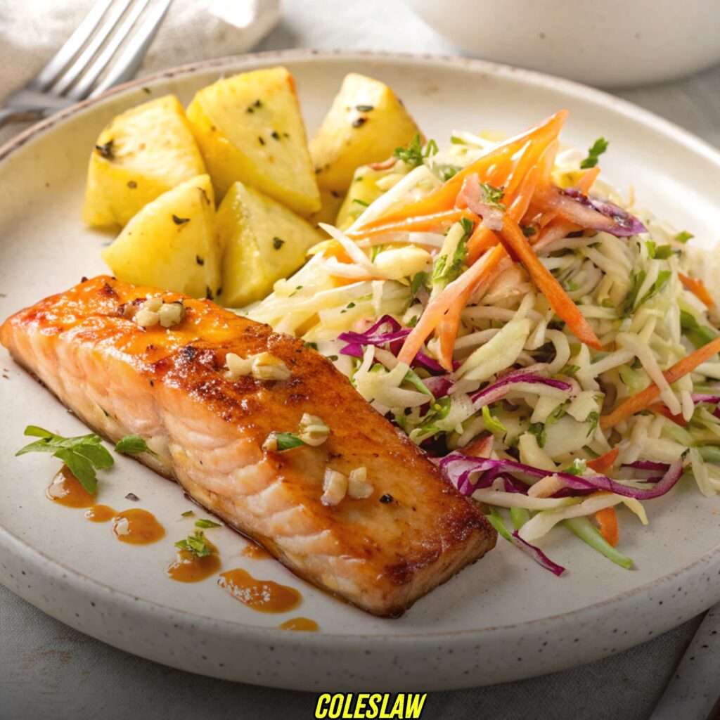 coleslaw with honey pineapple salmon