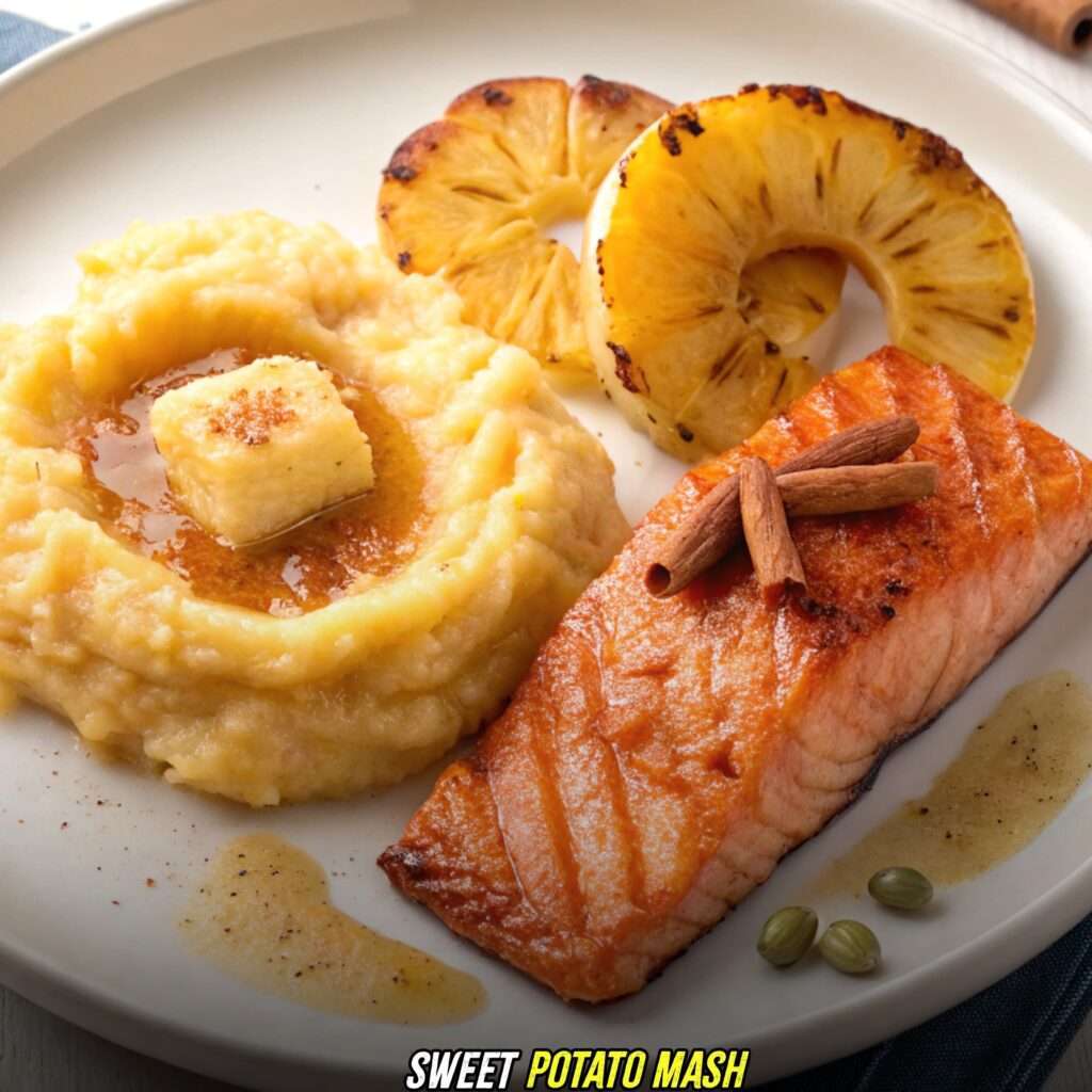 Sweet Potato Mash with honey pineapple salmon