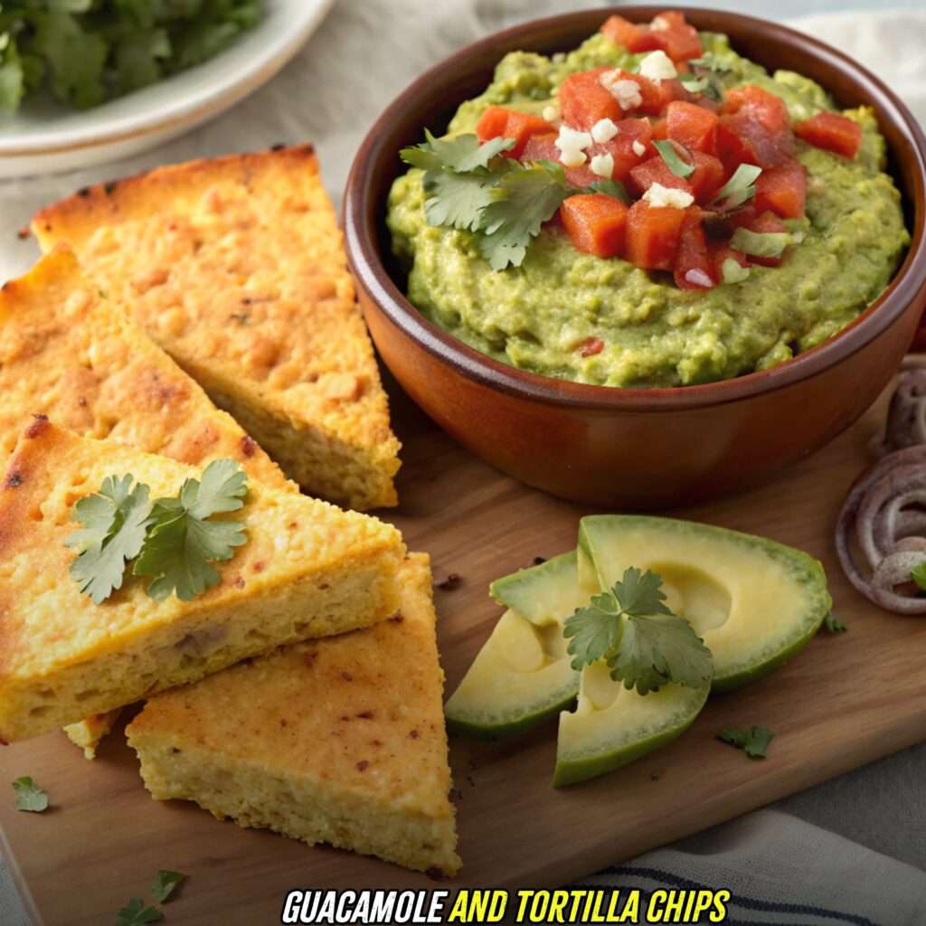 Guacamole and Tortilla Chips with cowboy cornbread casserole