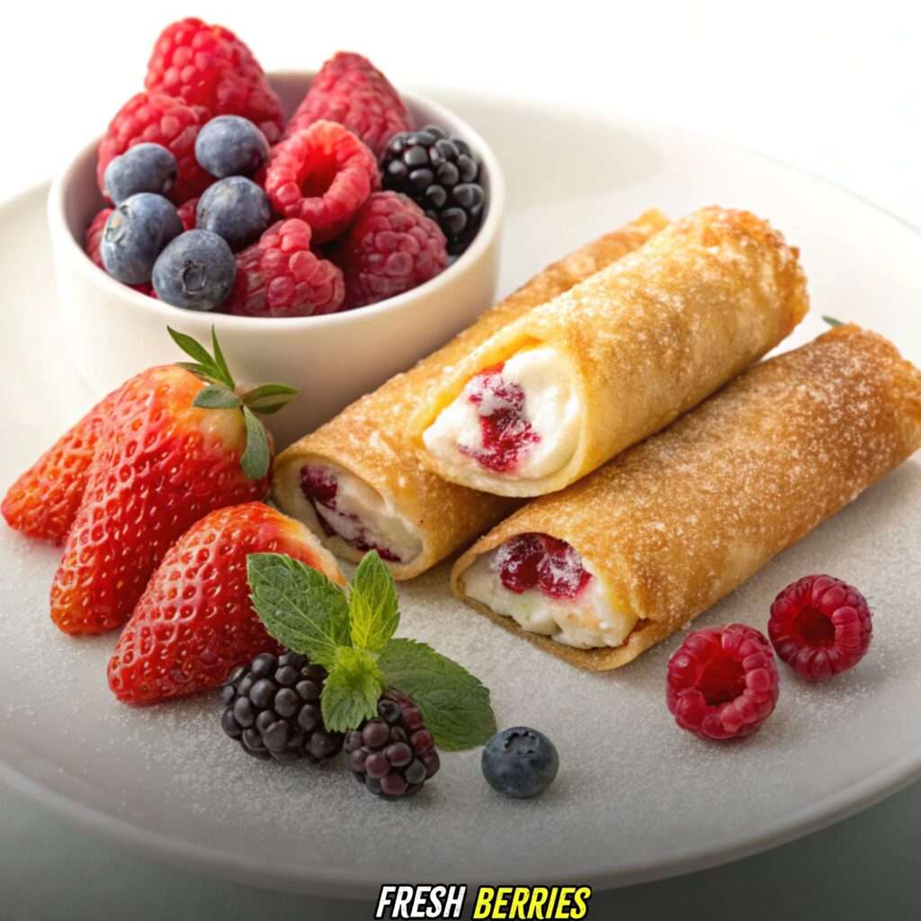 Fresh Berries with Cherry Cheesecake Egg Rolls