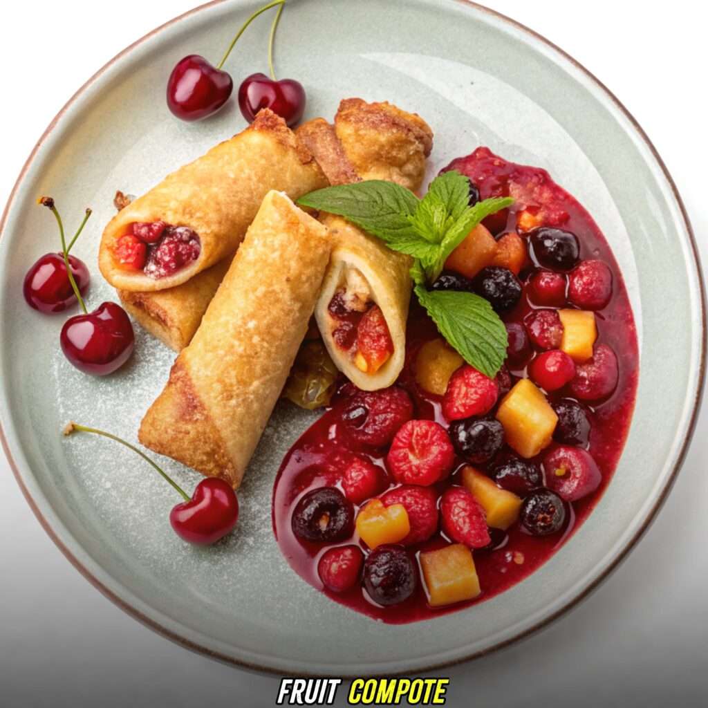 Fruit Compote with Cherry Cheesecake Egg Rolls