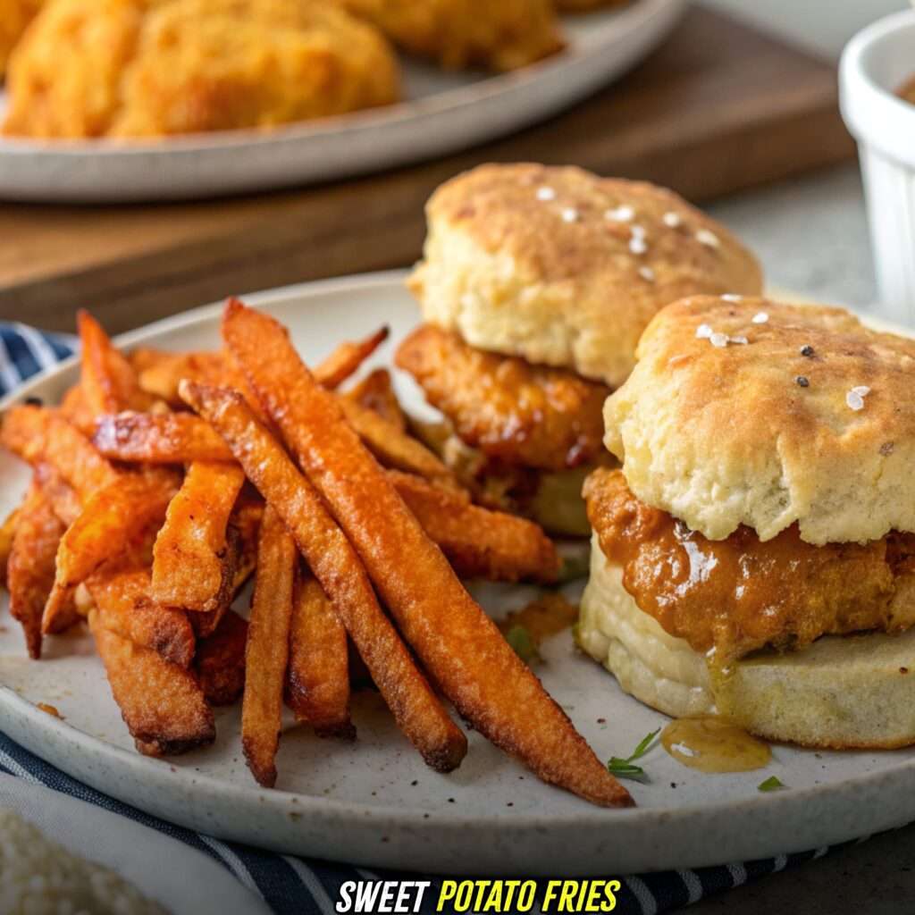 Sweet Potato Fries with Hot Honey Chicken Biscuits