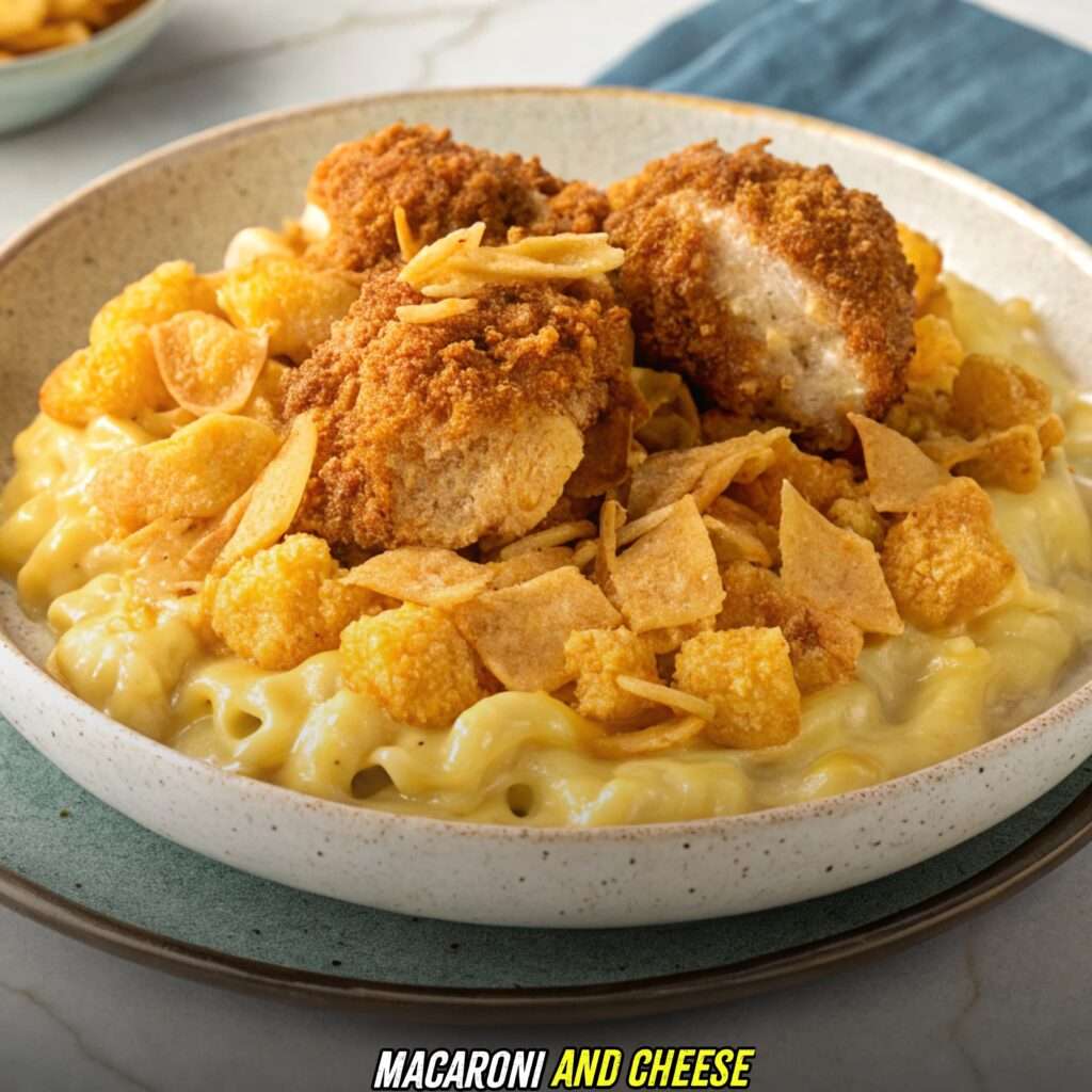 Macaroni and Cheese with potato chip chicken