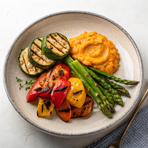 Tossed Grilled Vegetables with sweet potato pudding